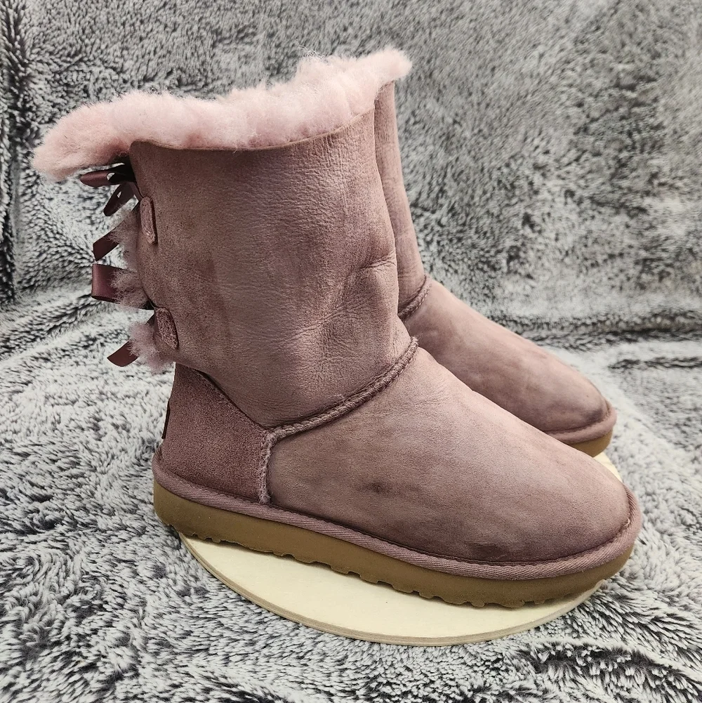 UGG Bailey Bow II Purple/Shadow Leather Sheepskin Boots Women's Size 7